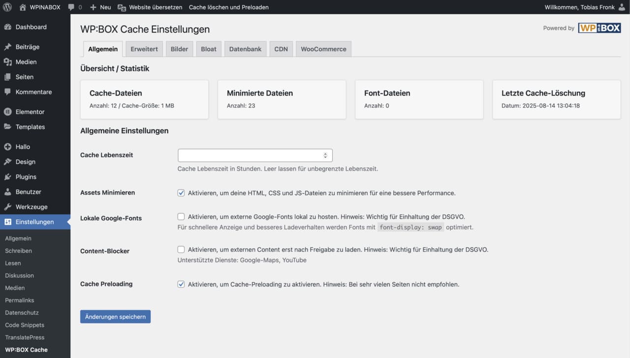 WP:BOX cache plugin - screenshot